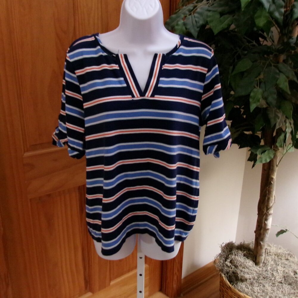 Rafaella Blue Striped T-Shirt with V neck, Size XL
